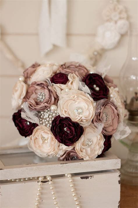 Cream Dusty Pink And Burgundy Satin And Lace Bridal Bouquet Vintage