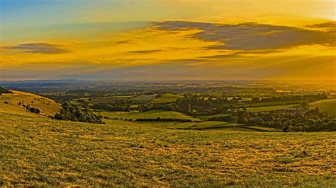 Wallpaper Sunset Grass Field Hills Trees Horizon