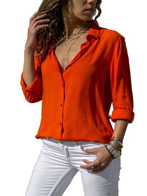 Long Sleeve T Shirt For Women Casual Turn Down Collar T Shirt Button
