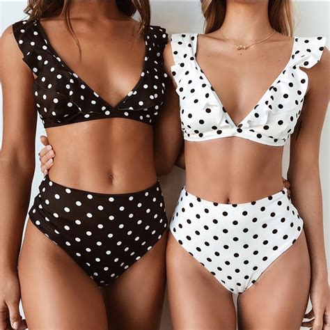 Itfabs Women Ruffles Polka Dot High Waist Bikinis Push Up Padded Bra Bikini Set Swimsuit