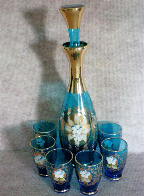 Bohemian Blue Glass Decanter Set With 6 Cordials From Manorsfinest On Ruby Lane