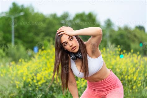 Tired Young Woman Resting After Jogging Outdoor Determined Girl