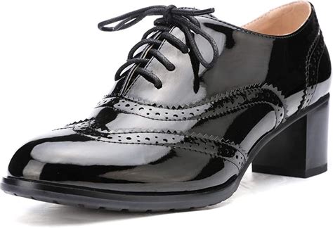 Womens Patent Leather Oxfords Brogue Wingtip Lace Up Chunky High Heel