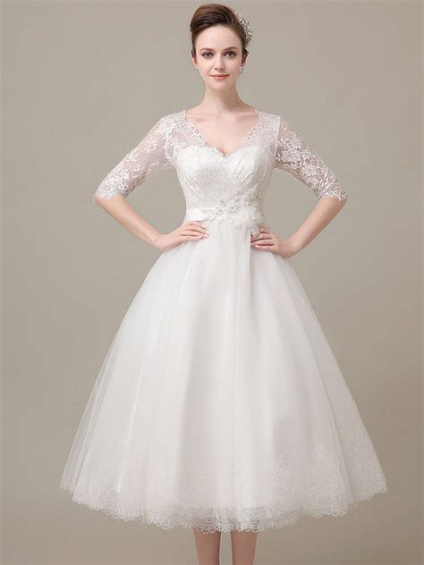 Tea Length Lace Wedding Dress With Sleeves Dv2078 Jojo Shop
