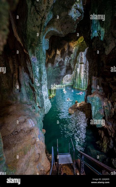 Tourists Swimming In Sawa I Lau Limestone Caves Made Famous By Movie