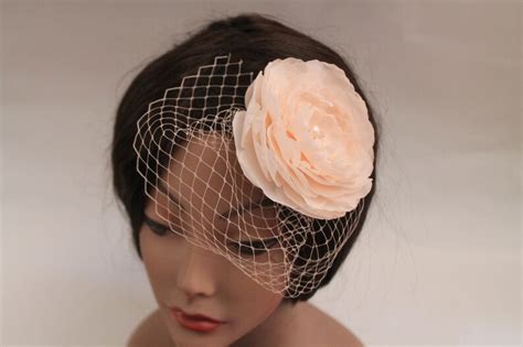 Bridal Birdcage Veil Blush Flower Clip Wedding Headpiece Etsy