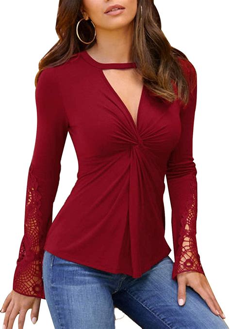 Yoins Women Sexy Long Sleeve Tops Slimming Lace Trimming Shirts See Through Blouses Solid Tunic
