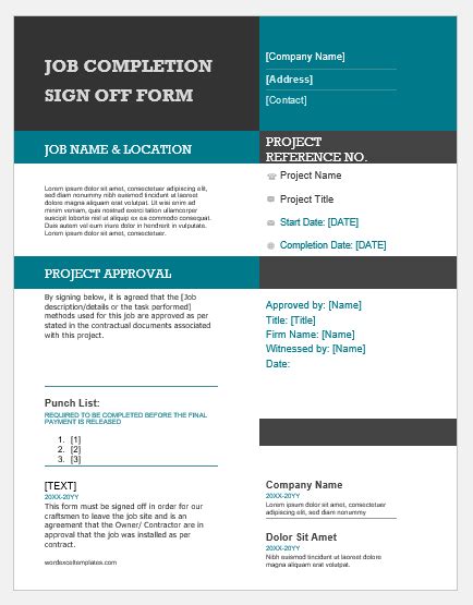 Job Completion Sign Off Form Template For Word Word Excel Templates
