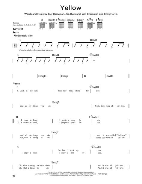 Yellow By Coldplay Guitar Lead Sheet Guitar Instructor