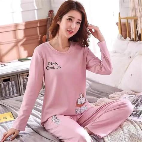 Kjøp Women Long Sleeve Pajamas Set Cotton Soft Sleepwear Cartoon Cute Womens Pajama Tops And