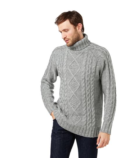 Woolovers Mens Pure Wool Aran Polo Neck Casual Jumper Sweater Knitwear