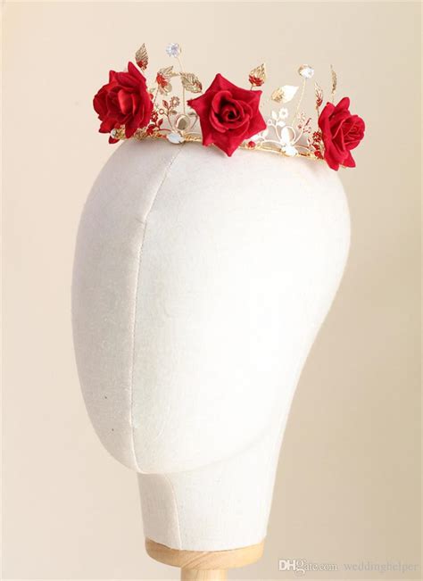 vintage wedding bridal floral crown flower headband red rose crown tiara leaf headpiece princess