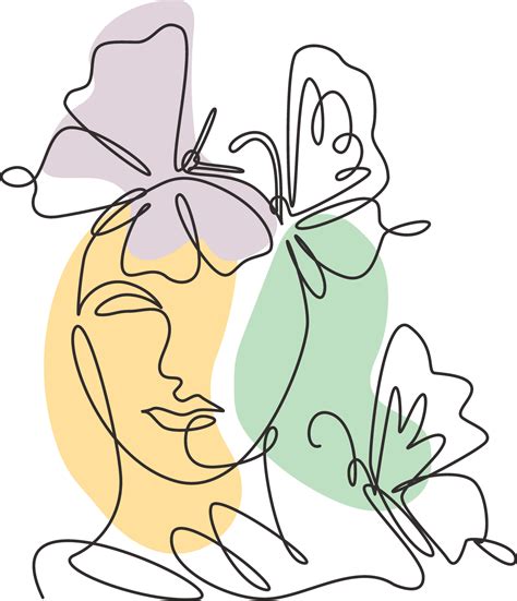 One Single Line Drawing Woman With Butterfly Line Art Illustration