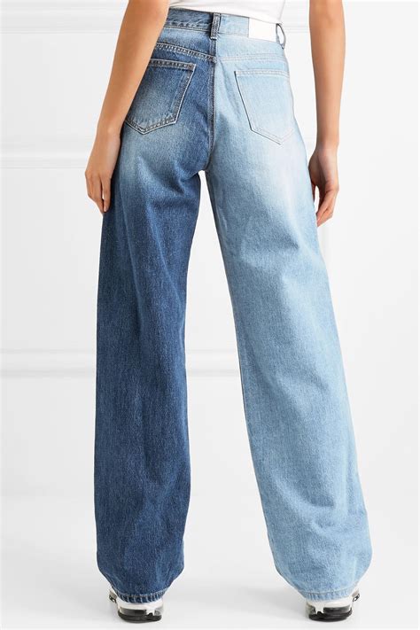 Sjyp Denim Two Tone Distressed High Rise Wide Leg Jeans In Mid Denim