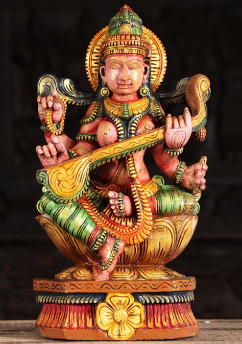 Sold Wooden Saraswati Goddess Of Wisdom Statue 18 98w16c Hindu