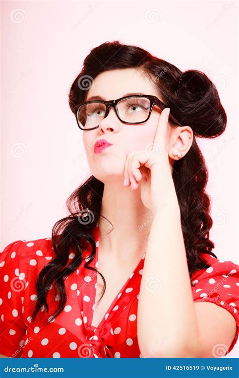 Retro Pensive Thoughtful Pinup Girl In Eyeglasses Stock Image Image