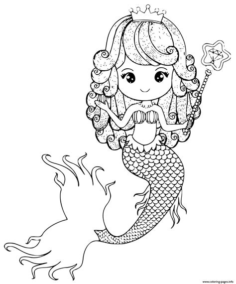 Mermaid Princess With A Wand And Crown Coloring Page Printable