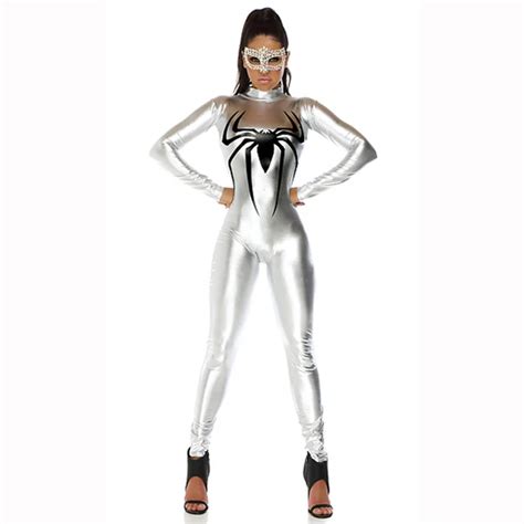 New Adult Women Spider Man Silver Catsuit Party Sexy Bodysuit Jumpsuit