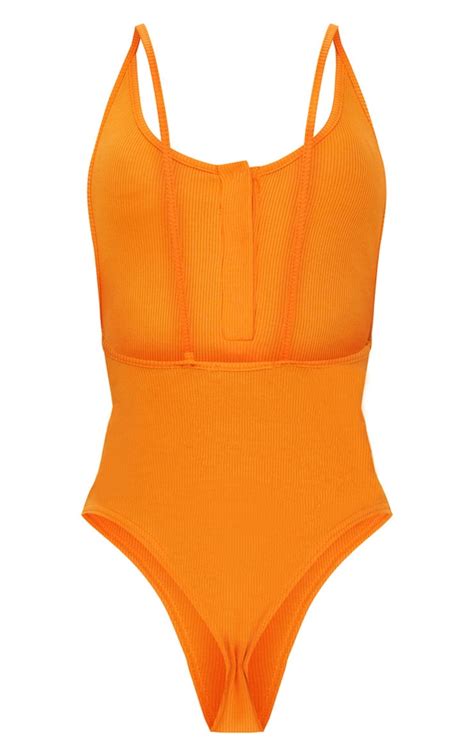 Orange Rib Popper Front Scoop Back Thong Bodysuit Prettylittlething Usa