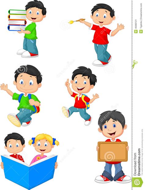 Happy School Children Cartoon Collection Set Stock Vector