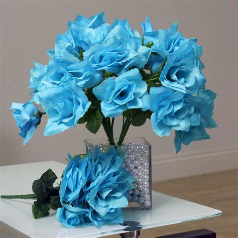 Buy 12 Bushes 84 Pcs Turquoise Artificial Silk Rose Flowers With Green