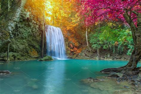 Erawan Waterfall In Deep Forest Containing Waterfall Blue Lagoon And