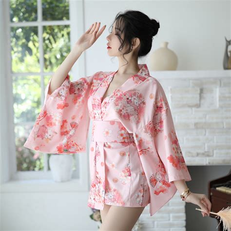 new japanese style printed cherry blossom kimono suit bathrobe sexy perspective temptation on