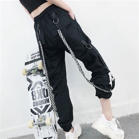 2019 Harajuku Cargo Pants Women High Waist Loose Pockets Pants Womens Korean Streetwear Hip Hop