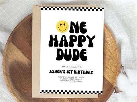 One Happy Dude Invitation Boy 1st Birthday Smiley Face Etsy