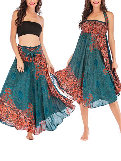 Himone Womens Boho Tribal Print Skirt Mulit Way Summer Beach Cocer Up Long Maxi Skirt Dress