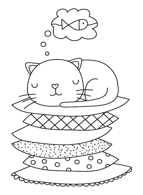 Premium Vector Sleeping Cat On A Pile Of Pillows Dreaming Of Fish