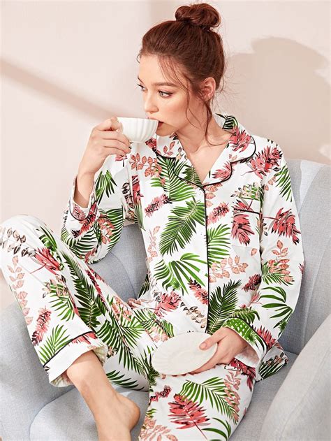 Tropical Print Button Up Pajama Set Pajama Set Print Buttons Pajama