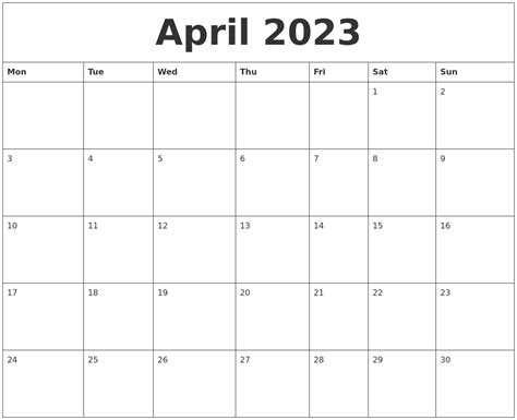 Printable Monthly Calendar April 2023 Printable Blank World