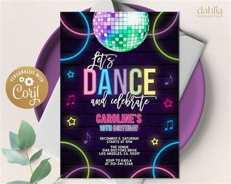 Editable Dance Party Invitation Disco Birthday Invite Glow Etsy