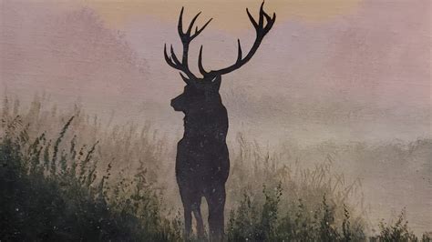 Stag Deer Silhouette Foggy Morning Landscape Acrylic Painting Live