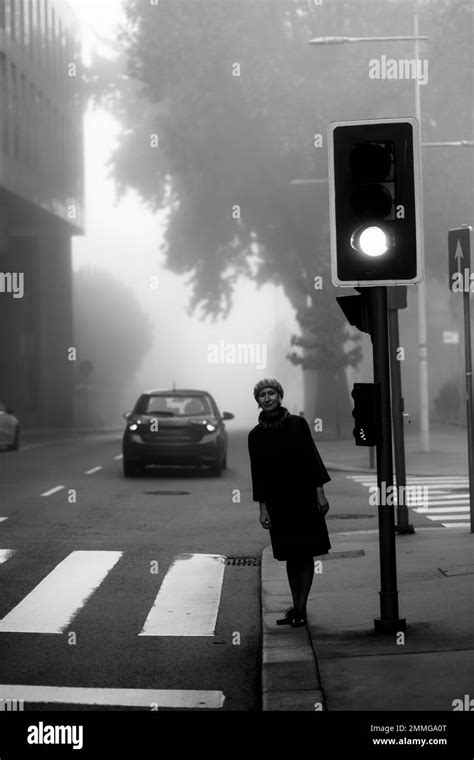 A Woman In An Overcoat Stands At A Crosswalk Near A Traffic Light In