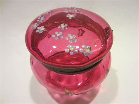 This Gorgeous Jar Presumably Moser Cranberry Glass Is Hand Decorated With Floral Enameling