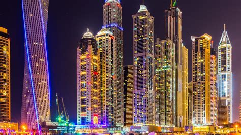 Dubai City Skyscrapers Buildings Night Lights Colorful Brilliant