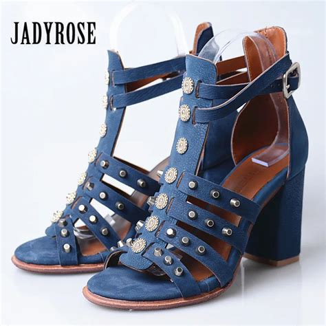 Jady Rose Rivets Studded Women Gladiator Sandals Chunky High Heel Shoes