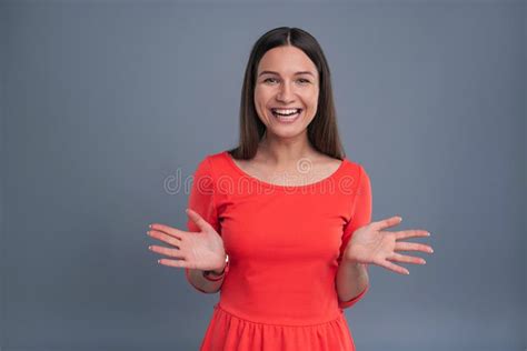 Cheerful Young Woman Laughing And Spreading Her Hands Stock Image Image Of Facial Pretty