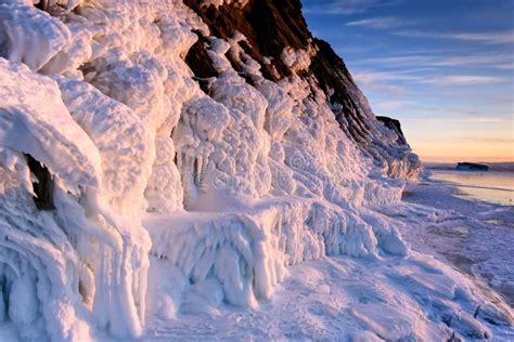 Lake Baikal Is Covered With Ice And Snow Strong Cold Thick Clear Blue