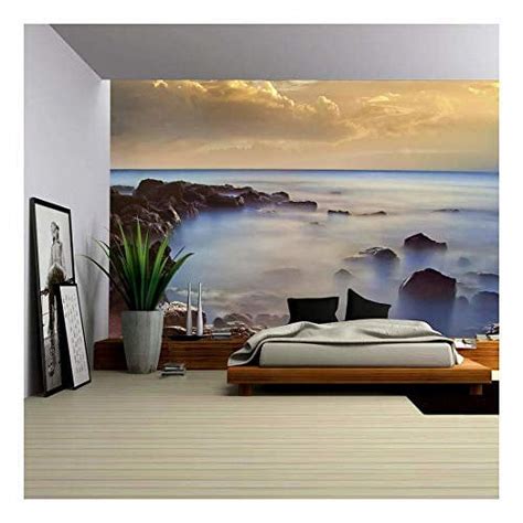 Wall26 Beautiful Ocean Seascape With A Golden Sky And Red And Blue