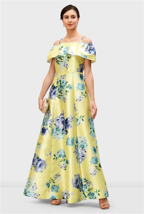 Shop Off The Shoulder Floral Print Dupioni Maxi Dress Eshakti