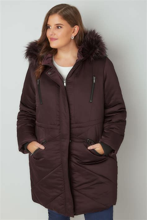 Purple Padded Parka Jacket With Faux Fur Hood Plus Size 16 To 36