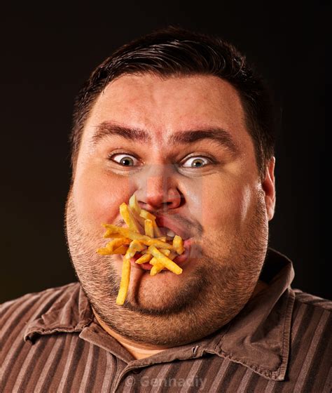 Fat Man Eating Fast Food French Fries For Overweight Person License Download Or Print For