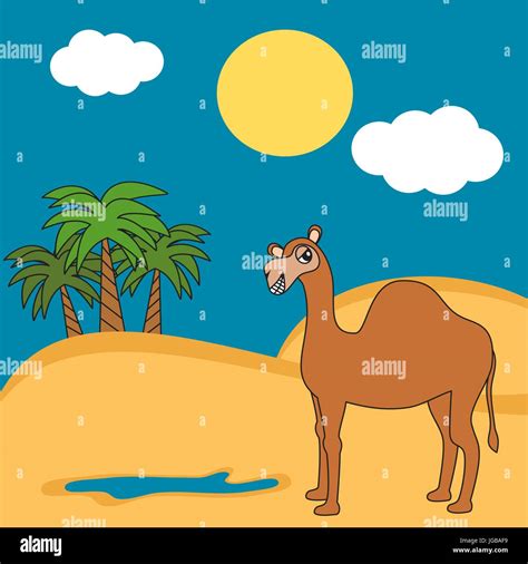 Cute Cartoon Camel Dromedary In The Desert Funny Vector Illustration