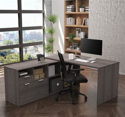 Stunning L Shaped Bark Grey Office Desk With Credenza