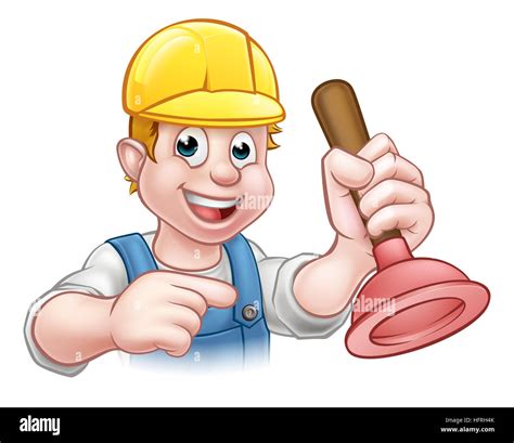 A Handyman Plumber Cartoon Character Holding A Plunger And Pointing