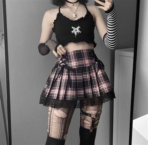 Pink Pleated Lace Up Plaid Skirt Grunge Alt Alternative Outfit Of The