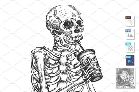 Skeleton Drinking Coffee From Cup Food Illustrations Creative Market